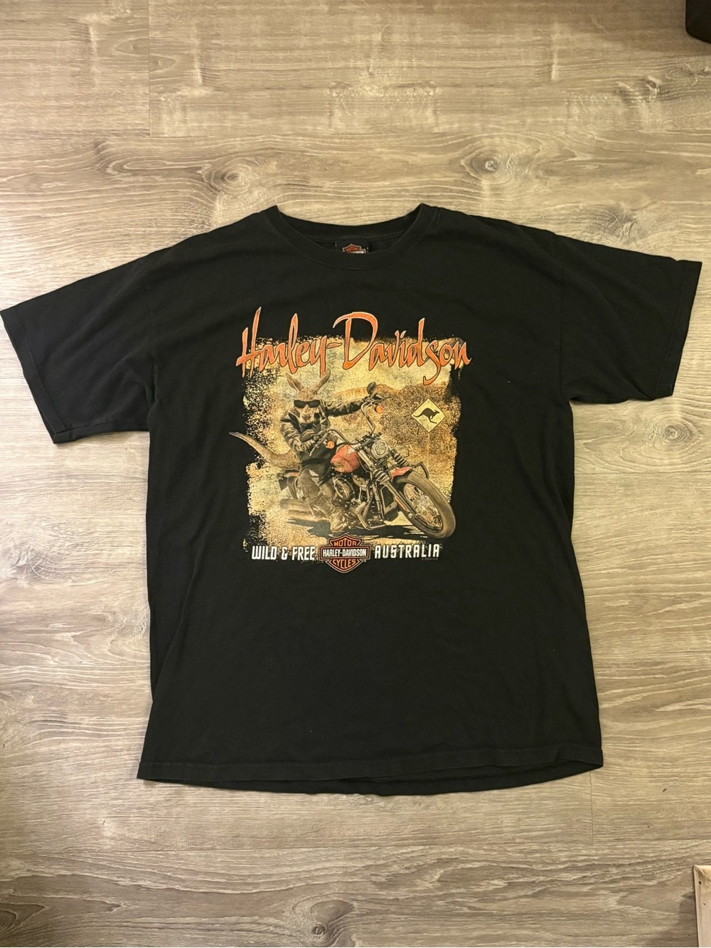 Harley-Davidson Black Tee with Orange and Tan Motorcycle Graphic